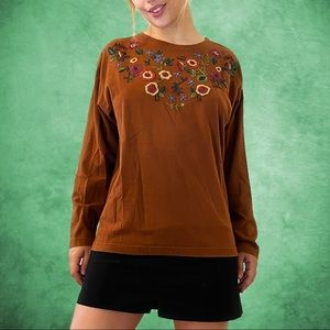 Vintage 90s embroidered floral front burnt sienna long sleeve t-shirt size XL